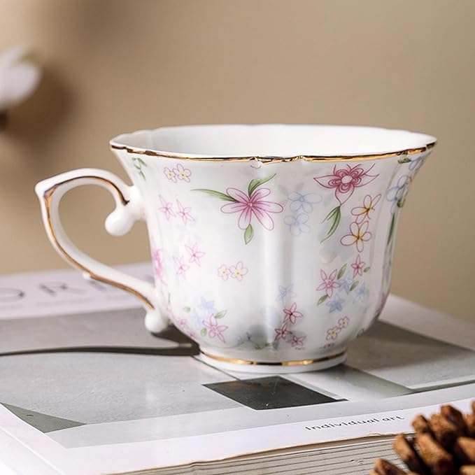 Bone China teacups,Vintage flower Pattern Espresso Teacups and Saucers,ceramic Coffee Mug Set & tea cups for women,about 7 oz(200 ml), Style02