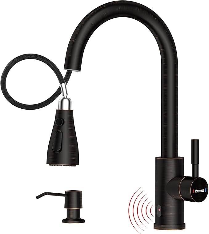 DAYONE Touchless Bronze Kitchen Sink Faucet with Pull Down Sprayer and Soap Dispenser, Oil Rubbed Brown 3 Modes Motion Sensor Hands-Free Single Handle Touch Faucet for Kitchen Sink High Arc