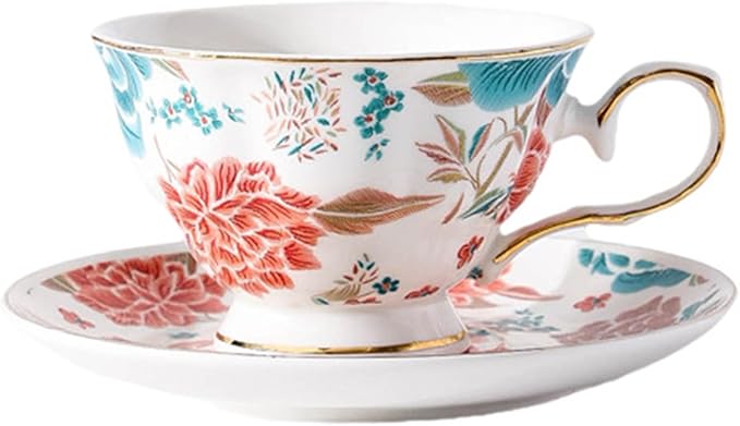 Teacups and Saucers,Bone China Tea Cups about 7 oz(200 ml),Vintage flower Pattern Espresso Coffee Mug Set & tea cups for women, Style02