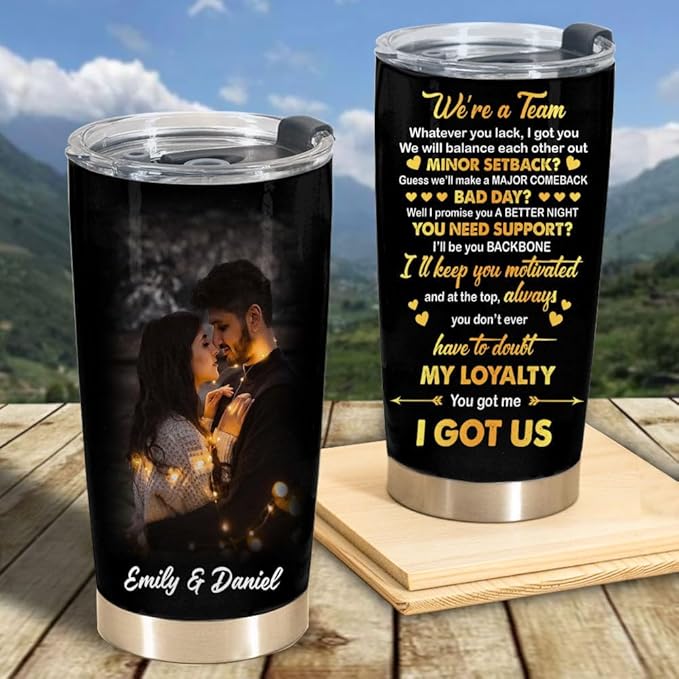 We’re a Team Forever & Always – Personalized Photo 20oz Stainless Steel Insulated Tumbler – Custom Couples Gift (Black)