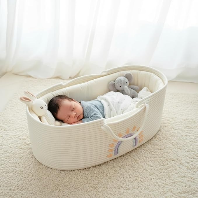 Breathable Foldable Baby Bassinet Basket, Cotton Rope Storage Organizer with Handles for Newborn Nap, Nursery, Living Room, Pet Carrier 28 × 16in