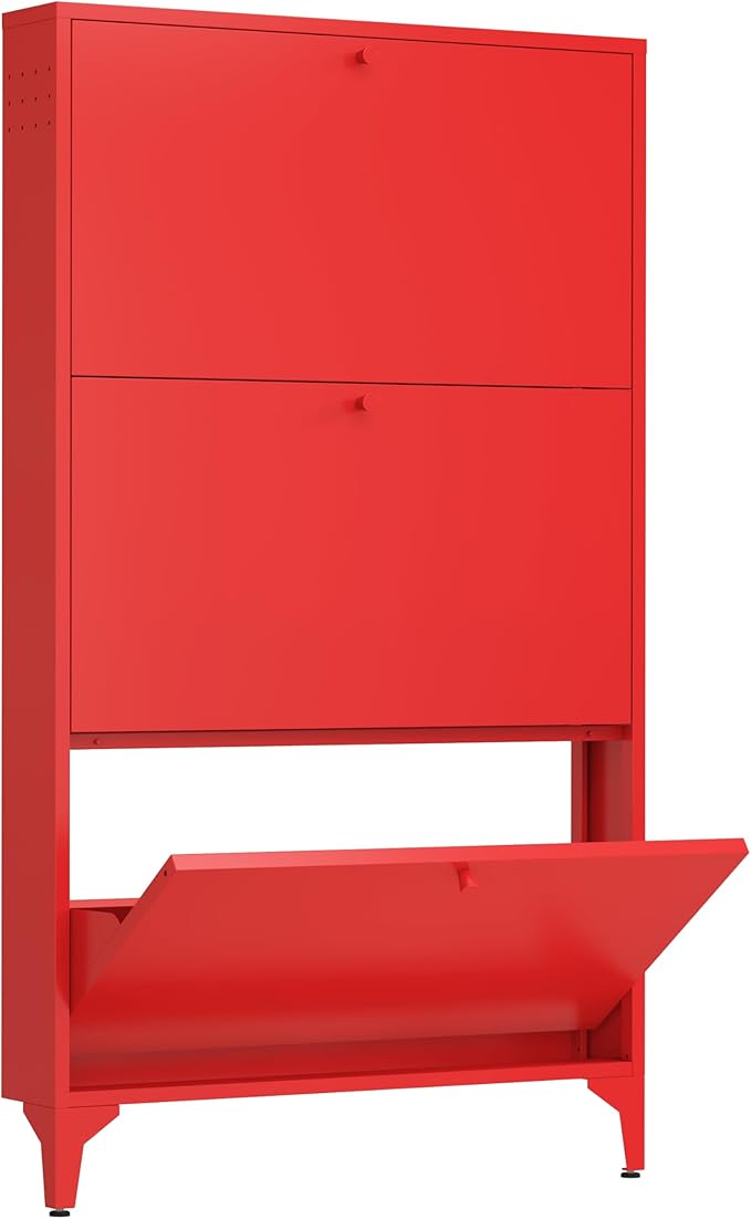 Shoe Cabinet with 3 Flip Drawers, Narrow Shoe Storage Cabinet, Farmhouse Shoe Organizer, Freestanding Organizer with Metal Legs for Entryway, Foyer (3 Door, Red)