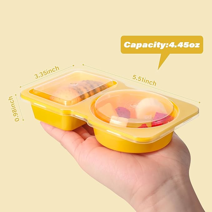 Double Compartment Snack Containers with Lids, 2 Compartment Condiment Container, Plastic Disposable Snack Pack Containers for Sauce, Salad, Food Storage Box(10PCS-Yellow)