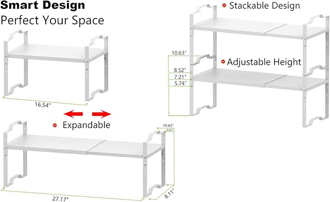 Expandable Shelf for Cabinet Organizer Adjustable Stackable Spice Rack at Kitchen and Bathroom More, Counter Countertop Cupboard Organization Pantry Storage(MEDIUM/3PACKS/WHITE)