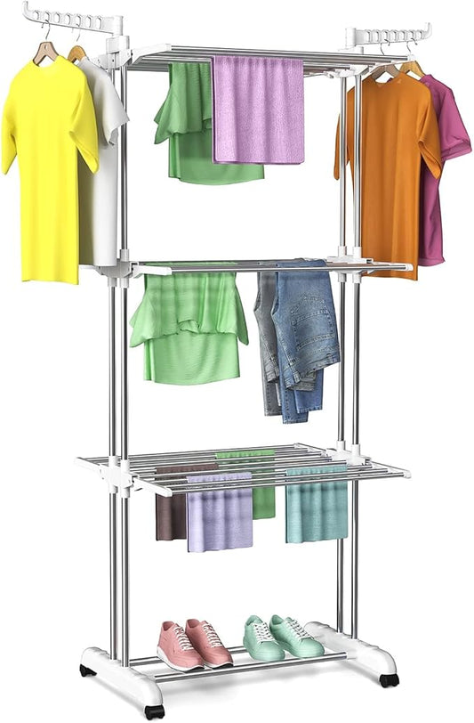 Bigzzia 3 Tier Folding Drying Rack Clothing Clothes Horses Rack Stainless Steel Laundry Drying Rack (Grey White, 4 Tier)
