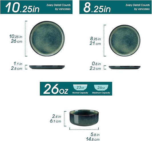 vancasso Starry 18 Pieces Dinnerware Sets for 6, Green Reactive Glaze Dishes Sets, Ceramic Plates and Bowls Set, Dinner Salad Dessert Plates, and Cereal Bowls Set, Dishwasher and Microwave Safe