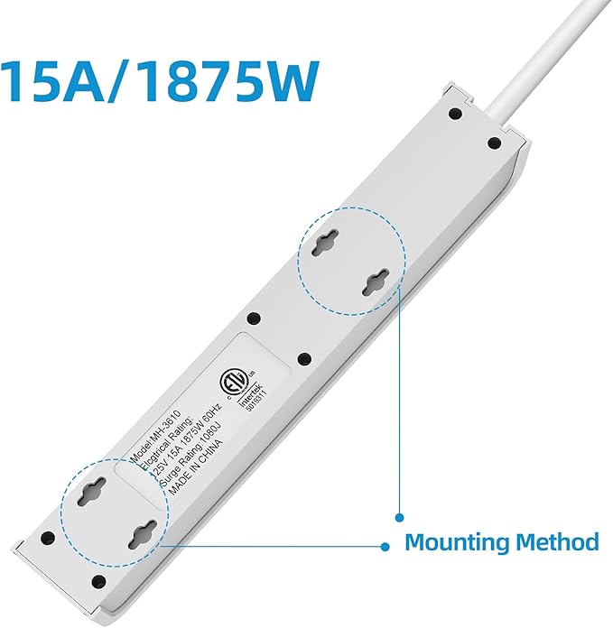 TiFFCOFiO Surge Protector Power Strip, 4 Feet Extension Cord, 600 Joules Surge Protection, Multiple Protection 6 Outlet Strip, 14 AWG Cord, 15A/1875W, ETL Listed (1 Pack)
