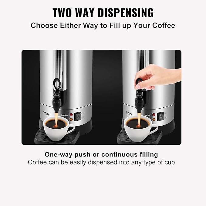 VEVOR Commercial Coffee Urn, 65Cups/9.75L Stainless Steel Large Coffee Dispenser, 1500W 110V Electric Coffee Maker Urn For Quick Brewing, Hot Water Urn with Water Gauge for Easy Viewing