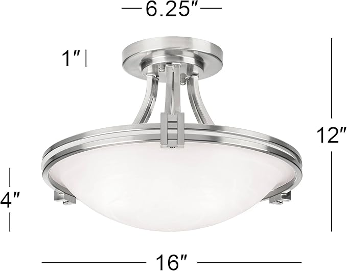 Possini Euro Design Deco Modern Ceiling Light Semi Flush-Mount Fixture 16" Wide Brushed Nickel 2-Light White Marbleized Glass Bowl Shade for Bedroom Kitchen Living Room Hallway Dining Bathroom