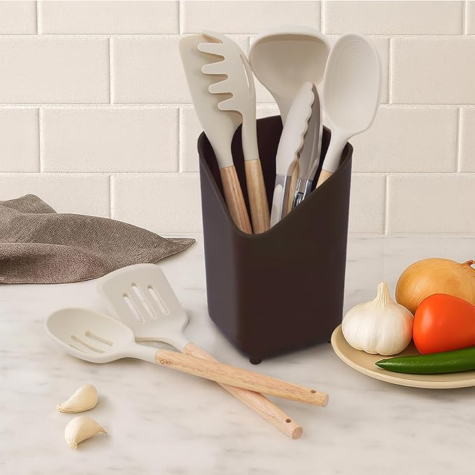 Glad Silicone Kitchen Utensils Set, 8pcs - Nonstick Cooking Tools with Wooden Handles and Utensil Holder - Spatula Set with Turner, Ladle, Spoons, Tongs, and Spaghetti Server - Beige