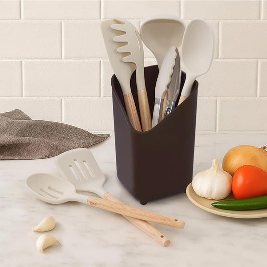 Glad Silicone Kitchen Utensils Set, 8pcs - Nonstick Cooking Tools with Wooden Handles and Utensil Holder - Spatula Set with Turner, Ladle, Spoons, Tongs, and Spaghetti Server - Beige