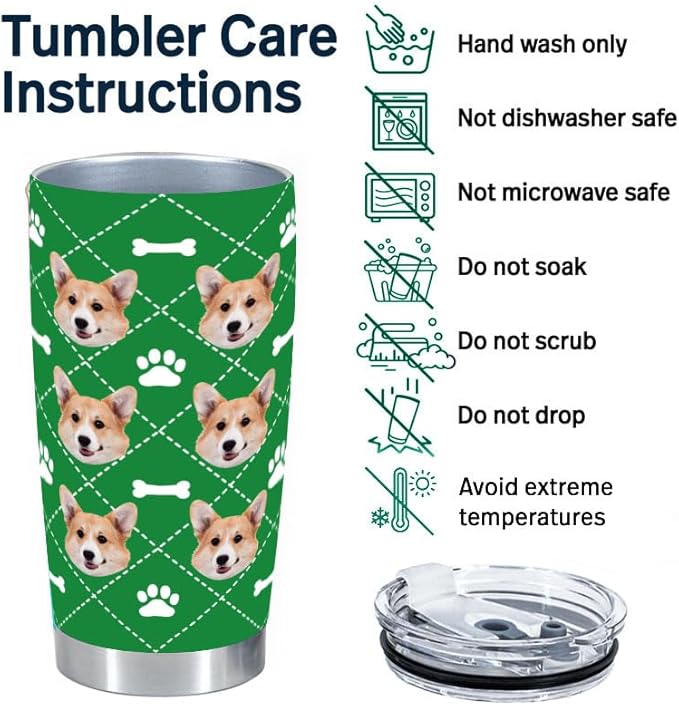 FunStudio Personalized Dog Face Tumbler with Pictures Puppy Pet Paw Custom Tumblers Coffee Travel Mug Cup Gift for Men Women, 20 Oz Insulated Stainless Steel