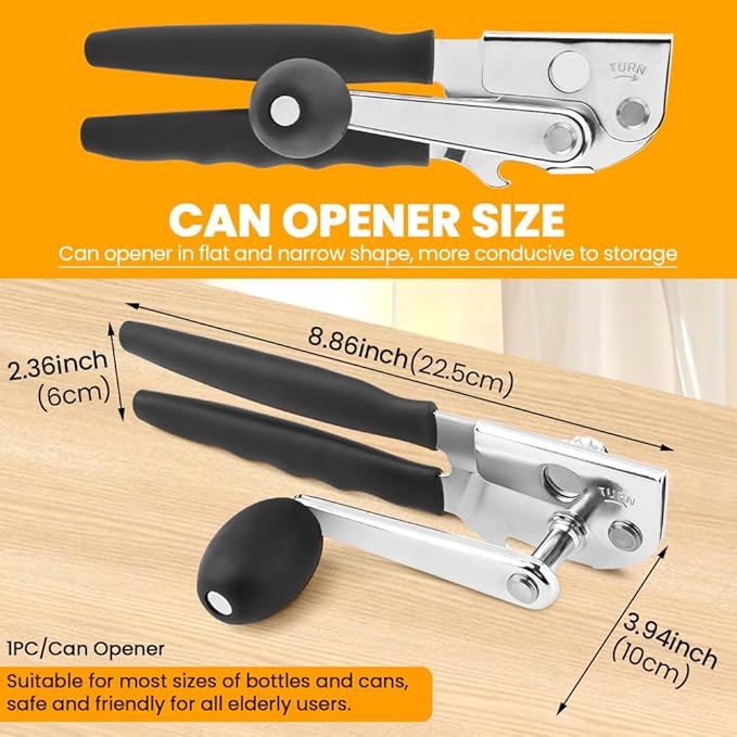 Manual Can Opener, Heavy Duty Ergonomic Design with Folding Crank Handle, Smooth Edge Cutting for Home & Commercial Use, Senior-Friendly, Durable Stainless Steel Construction
