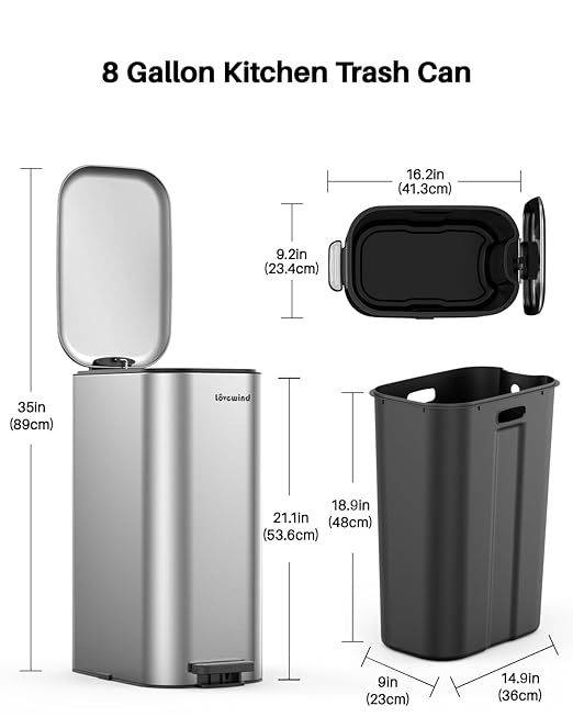 Lovewind Trash Can with Lid, 8 Gallon/30 L Footstep Garbage Can for Kitchen Bathroom Bedroom Home Office, 20 Liter Trash Bin Brushed Stainless Steel Waste Bin with Soft-Close Lid, Silver