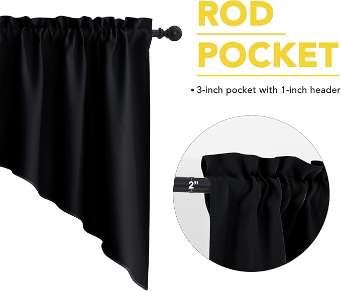 NICETOWN Half Window Rod Pocket Kitchen Tier Curtains- Room Darkening Tailored Scalloped Valance/Swags for Living Room (1 Set, 72 inches Wide Combined, 36 inches Long, Black)