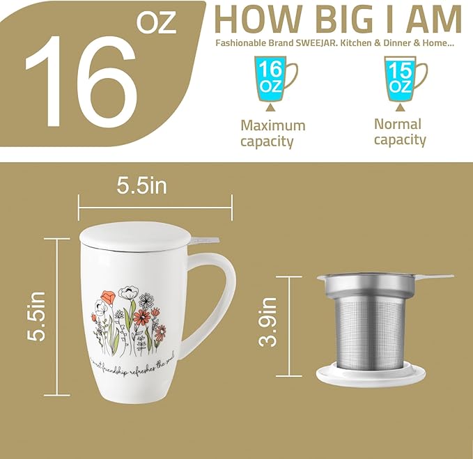 Sweejar Porcelain Tea Infuser Mug with Lid, 16 oz Teacup with Strainers for Loose Leaf Tea, Microwave and Dishwasher Safe Coffee Mug(Wild Meadow)
