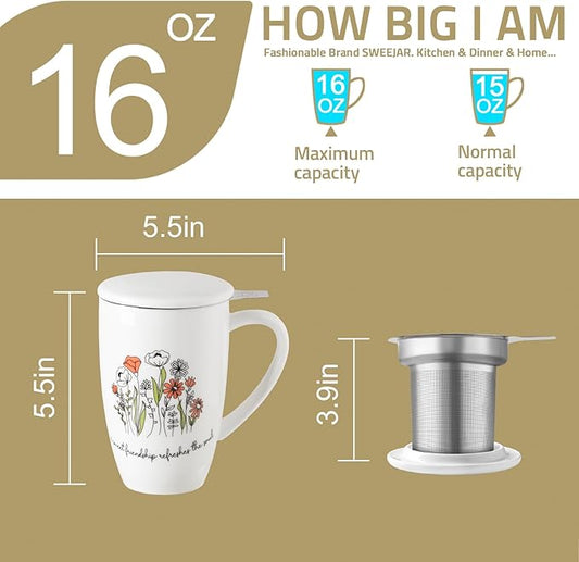 Sweejar Porcelain Tea Infuser Mug with Lid, 16 oz Teacup with Strainers for Loose Leaf Tea, Microwave and Dishwasher Safe Coffee Mug(Wild Meadow)