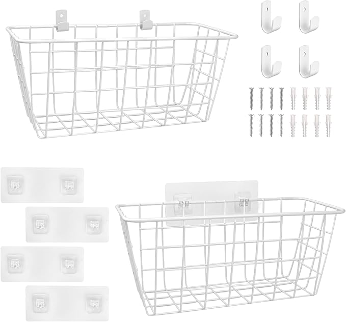 Wire Hanging Wall Basket, 2 White Baskets Set Adhesive Wall Mount Organizer for Pantry Kitchen RV Bathroom Cabinet Storage Organization