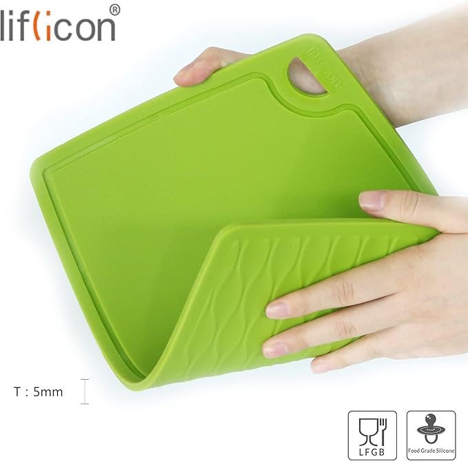Liflicon Thick Silicone Cutting Boards for Kitchen Silicone Chopping Boards/Mats Set of 2 Extra Large14.6''x10.43'', Mini 9.1”x7.1” Non-slip Deep Drip Juice Groove, Dishwasher Safe-Green