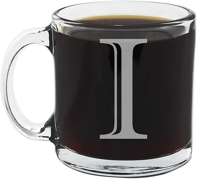 Spotted Dog Company Etched Monogram 12oz Clear Glass Coffee Mug (Letter I), A-Z Customized Coffee Gifts, Custom Engraved Gifts for Women Her, Personalized Gift for Men, Initial