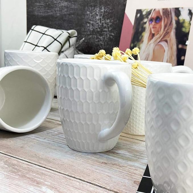Schliersee 16 OZ Coffee Mugs Set of 6, White Ceramic Coffee Mug, Geometric Pattern Coffee Cups for Latte, Tea, Cappuccino, Mocha, Cocoa, Espresso cups