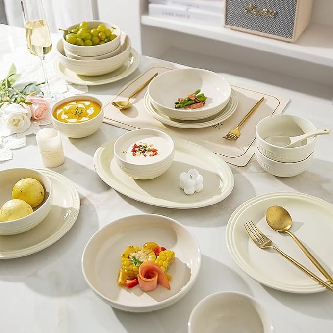 12-Piece White Ceramic Dinnerware Set - Monazone Series, Service for 4, Includes Bowls & 8''/9'' Plates, Glossy Finish