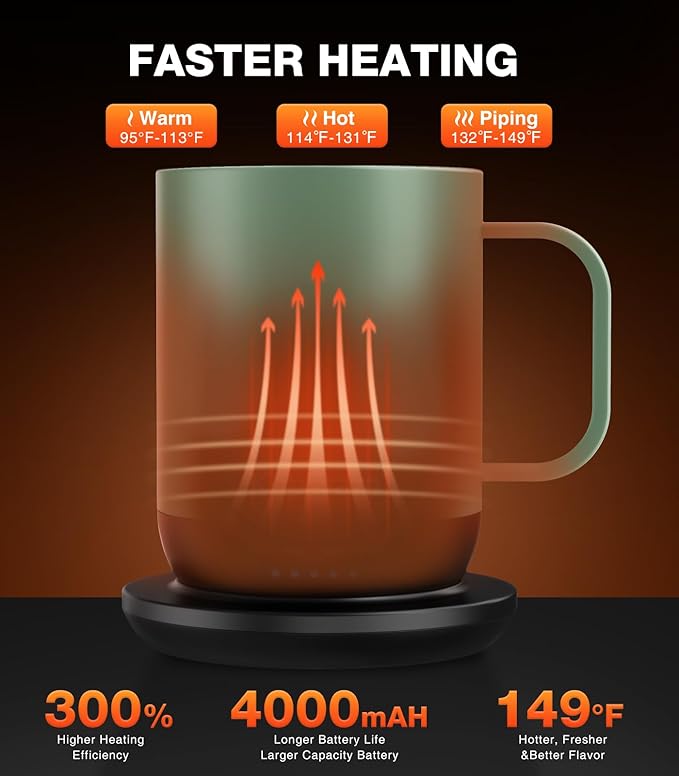 Heated Coffee Mug T1-14oz Fast Heating & Longer Battery Life Self Heating Coffee Mug Hot to 149℉ - Touch & App Controlled Mug Coffee and Hot Beverage Warmer, Gifts for Women and Men