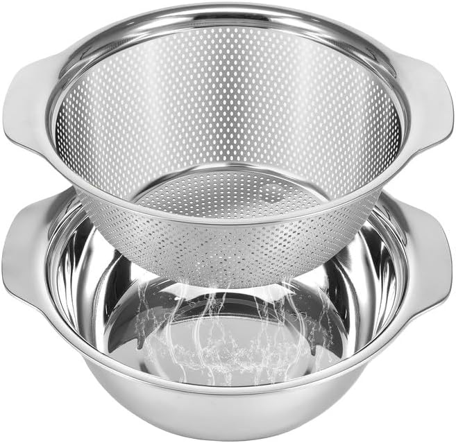 Stainless Steel Microporous Colander for Kitchen, 4.5QT Large Capacity, Colander and Bowl Set of Two, Stainless Steel Drain Basket with Mixing Bowl, for Washing Fruits and Vegetables