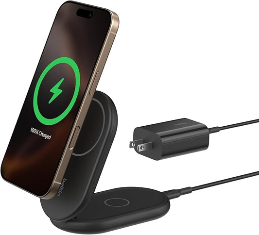 Belkin Magnetic Foldable Wireless Charging Stand 15W - MagSafe-Compatible Qi2-Certified Charger, Wireless Charging Stand for iPhone 16, Galaxy S25, & More - Standby Mode Ready w/PSU Included - Black
