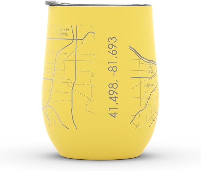 Well Told Engraved Cleveland Ohio Map Insulated Wine Tumbler, Etched Stainless Steel Cup (12 oz, Sunrise Yellow) City Map Insulated Tumbler, Custom Insulated Tumbler, Outdoor Drinkware