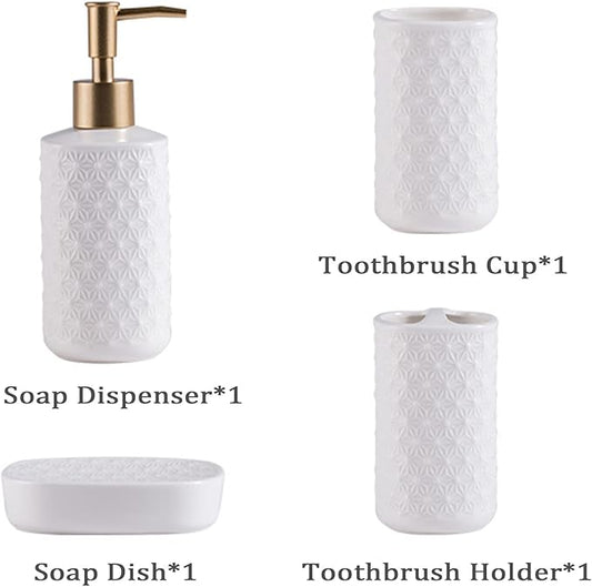 Ceramic Bathroom Accessories Set, 4 Pack Bathroom Ensemble for Bathroom Includes 1 Lotion Dispenser 1 Toothbrush Holder 1 Tumbler 1 Soap Dish (White)