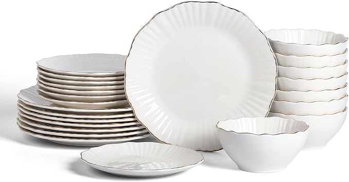 Christian Siriano Zinnia Porcelain Dinnerware Set, 24-Piece Plates and Bowls Set, White and Gold Dish Set for 8, Scalloped Edge, Hand Wash Only