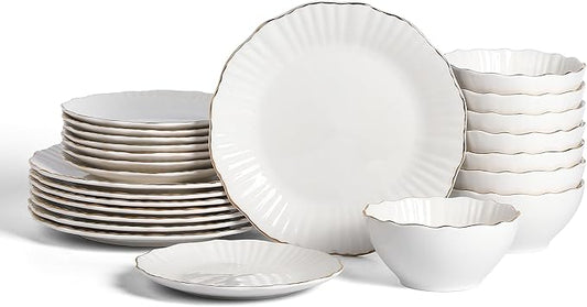 Christian Siriano Zinnia Porcelain Dinnerware Set, 24-Piece Plates and Bowls Set, White and Gold Dish Set for 8, Scalloped Edge, Hand Wash Only