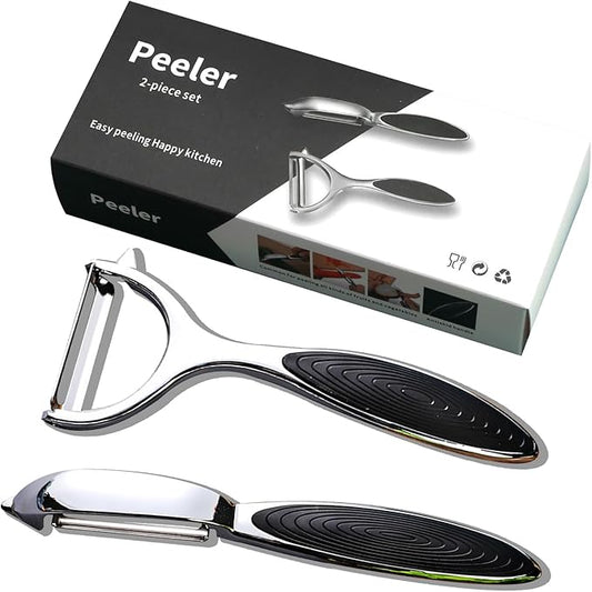 Zinc Alloy Vegetable Peeler Set, 2-Pack Y-Type and Straight Peelers with Black Flat Blades & Non-Slip Handle, Multi-Purpose Kitchen Fruit Potato Carrot Peeler for Efficient Peeling