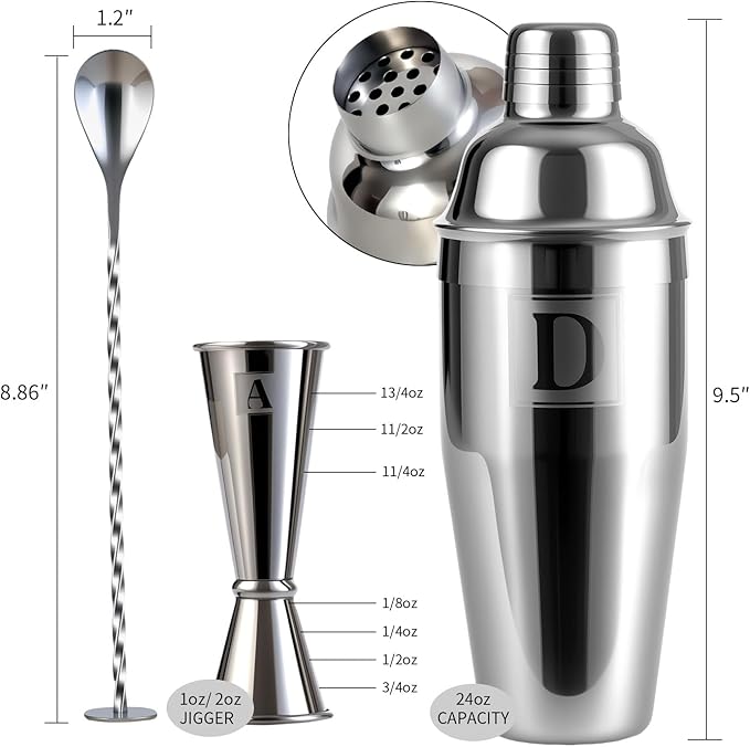 24oz Cocktail Shaker Set with 1 oz 2oz Jigger - Monogramm Initials Martini Shaker Set - 304 Stainless Steel Bar Shaker for Margarita,Mojito-Personalized Gift for Friend,Husband-M