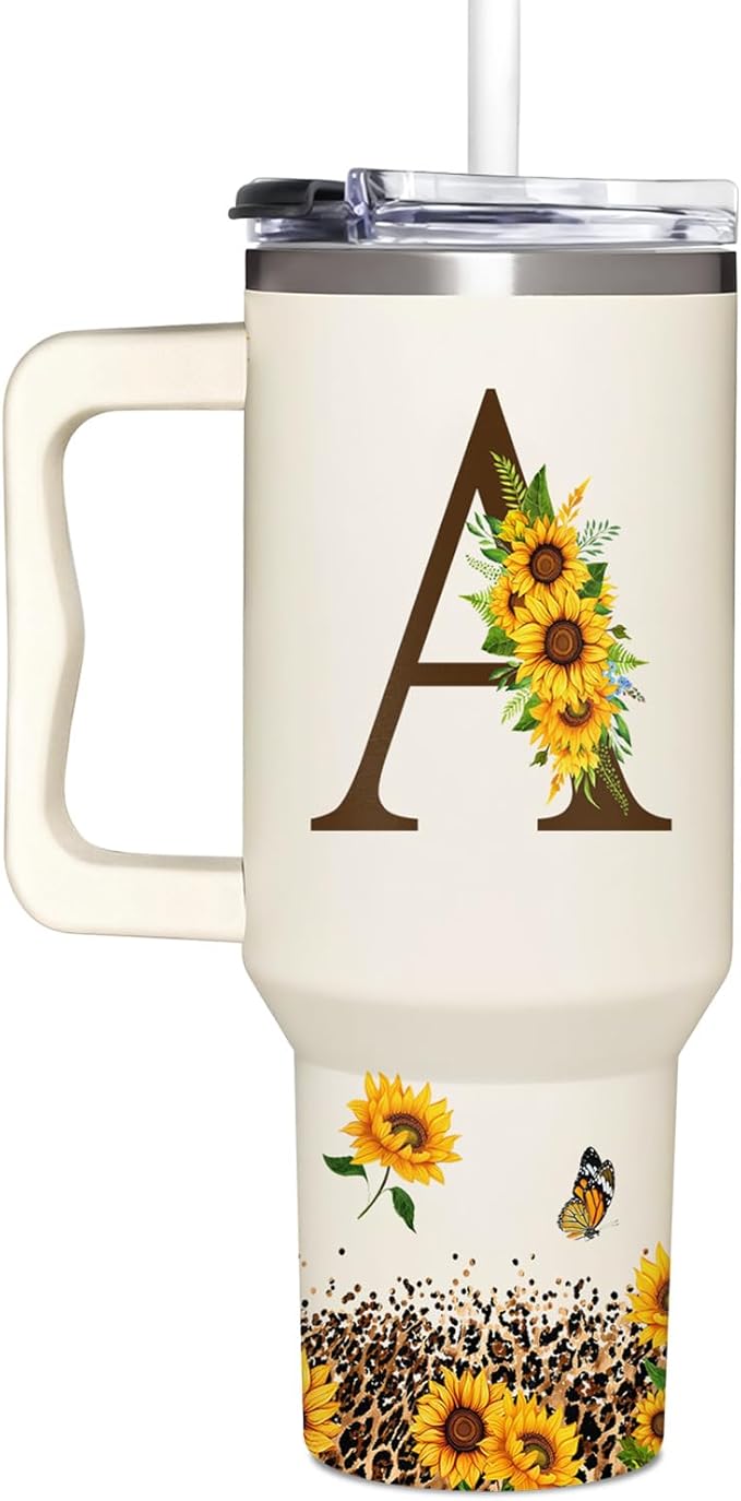 Personalized Birthday Gifts For Women - Sunflowers Monogrammed Cup For Boss Day, Christmas - Customized Gifts For Women, Mom, Wife, Coworkers, Boss Lady, Her - Custom Tumbler With Handle 40oz