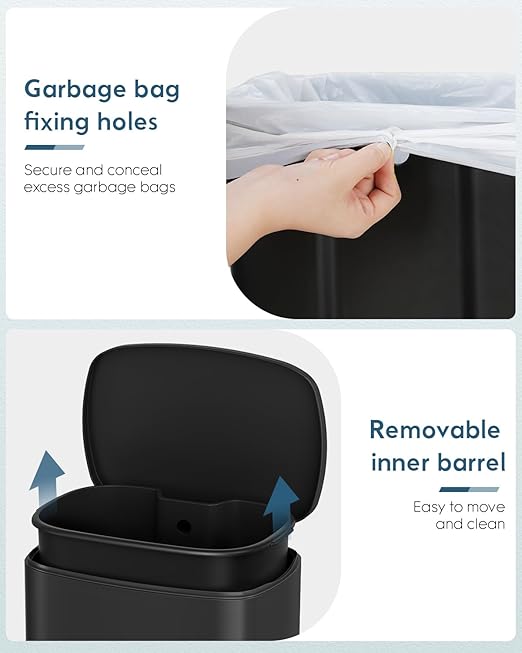 Arlopu 13.2+1.3 Gallon Step Trash Can, Stainless Steel Garbage Bin, Soft-Close Rubbish Bin with Removable Plastic Inner Bucket, Fingerprint-Proof, Lid Dustbin, for Kitchen Home (Black)