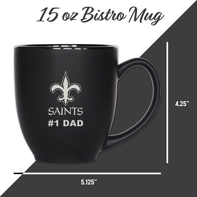 Rico Industries NFL Football #1 Dad 15oz Laser Engraved Matte Black Ceramic Bistro Mug - for Hot or Cold Drinks