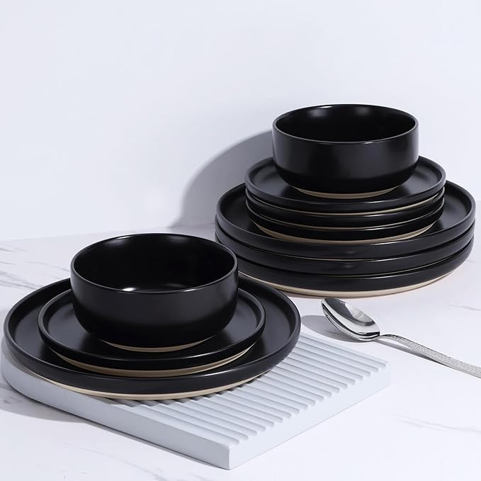 LIANYU Stoneware Dinnerware Sets for 4, 12 Piece Plates and Bowls Set, Ceramic Dishware Dishes for Dining, Scratch Resistant Kitchen Porcelain Plates, Microwave & Dishwasher Safe, Matte Black