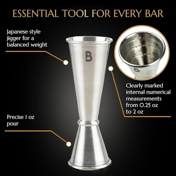 Double Japanese Jigger by Bull In China - 0.25oz to 2oz Measures for Cocktails, Bars & Bartenders (Stainless Steel)