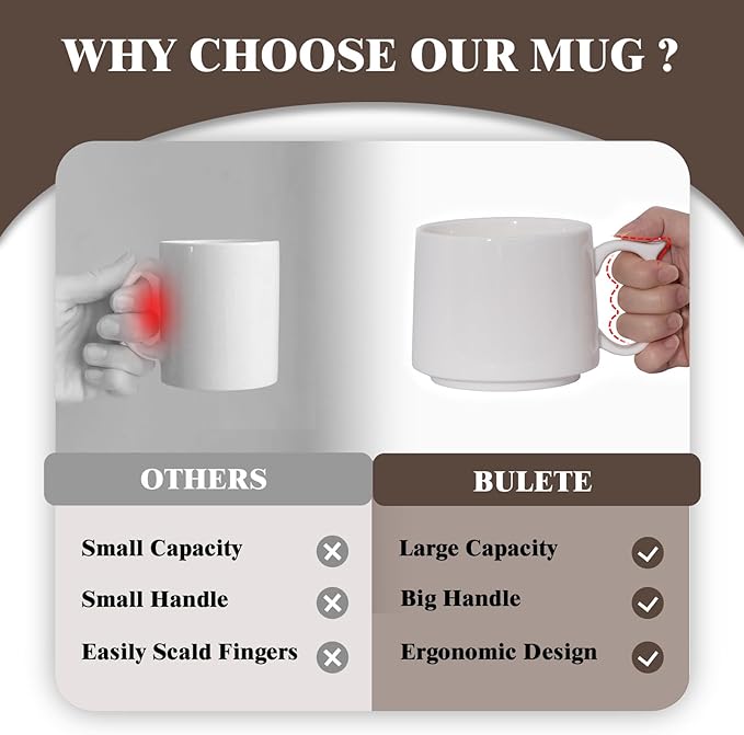 Coffee Mugs Gift Set of 4, Large 19 oz Stackable Ceramic Coffee Mug, Coffee Cups with Large Handle for Latte, Cappuccino, Milk, Dishwasher & Microwave Safe, Ideal for Men, Women - Multicolor