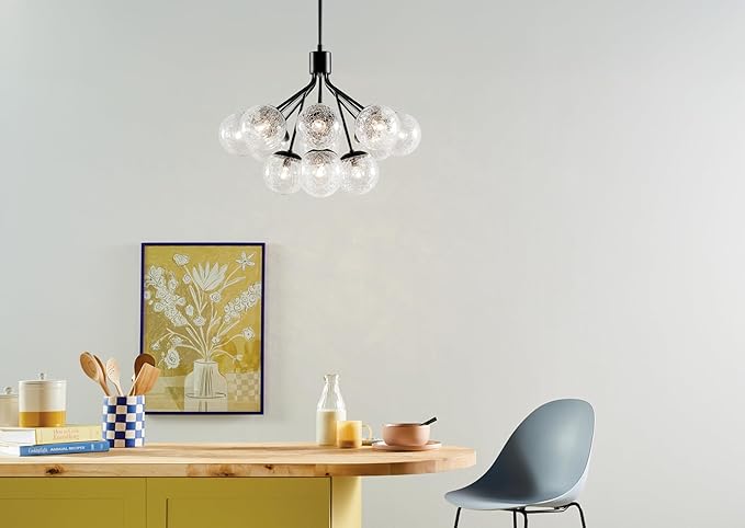 KICHLER Silvarious 12-Light Convertible Chandelier, Soft Modern Light with Clear Crackled Glass in Black, for Dining Room, Living Room, Bedroom or Foyer (22.25" x 30"), 52701BK