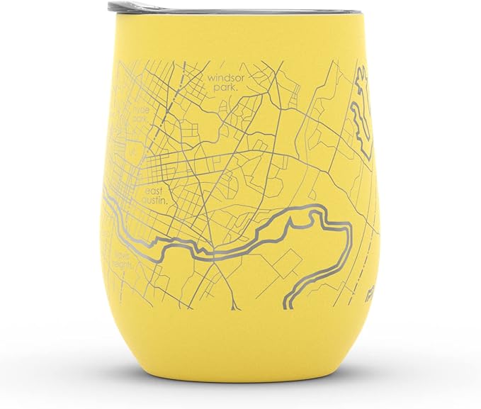 Well Told Engraved Austin Texas Map Insulated Wine Tumbler, Etched Stainless Steel Cup (12 oz, Sunrise Yellow) City Map Insulated Tumbler, Custom Insulated Tumbler, Outdoor Drinkware