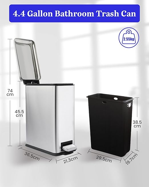 Large Bathroom Trash Can, 16.7L/ 4.4 Gallon Trash Can with Removable Wastebasket, Hand Free Garbage Can with Soft close Lid, Stainless Steel Skinny Trash Bin for Bedroom, Home Office, Silver