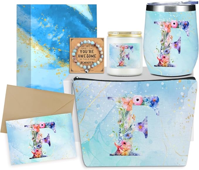 Personalized Gifts Monogrammed Birthday Gifts for Women, Aunt Grandma Retirement Christmas Initial Wine Tumbler Makeup Bag Scented Candle Bracelet Set, (Aesthetic Blue Flower F)