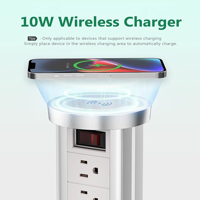 Pop Up Outlet Countertop with 10W Wireless Charger, 4 Outlets,3 USB Ports, Automatic Pop Up Outlet for Kitchen Counter Islan, Office Conference Table,Splash Resistant