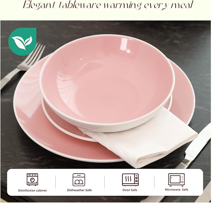 Stoneware Coupe Shape 16pc Dinnerware Set, Outside White + Inside Pink