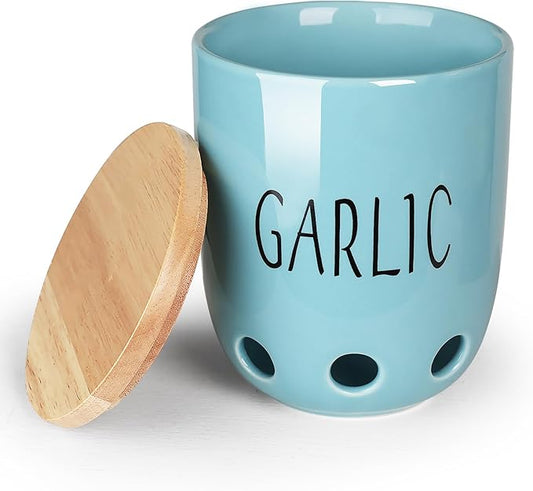 Ceramic Garlic Keeper for Counter, Garlic Saver Container with Wood Lid, Garlic Keeper for Kitchen, Garlic Holder to Keep Your Garlic Cloves Fresh Longer (Turquoise)