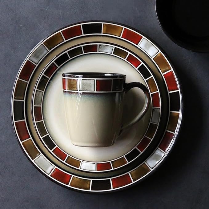 Ceramic Dinnerware Set of 4, 4 Pieces Porcelain Dinner Plate, Bowl, Mug for Kitchen – Unique Gift Idea, Scratch Resistant Dishes, Dishwasher & Microwave Safe - Red (Red)