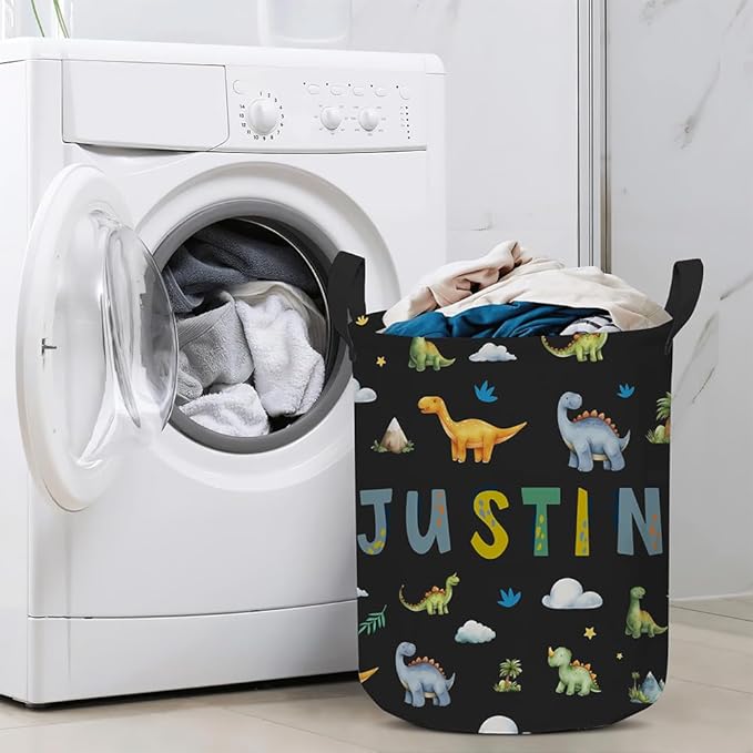 callie Personalized Dinosaur Laundry Basket for Kids, Waterproof Collapsible Laundry Hamper, Clothes Toys Storage Bin for Bedroom Nursery (13.8" x 16.5", 15.7" x 19.6")